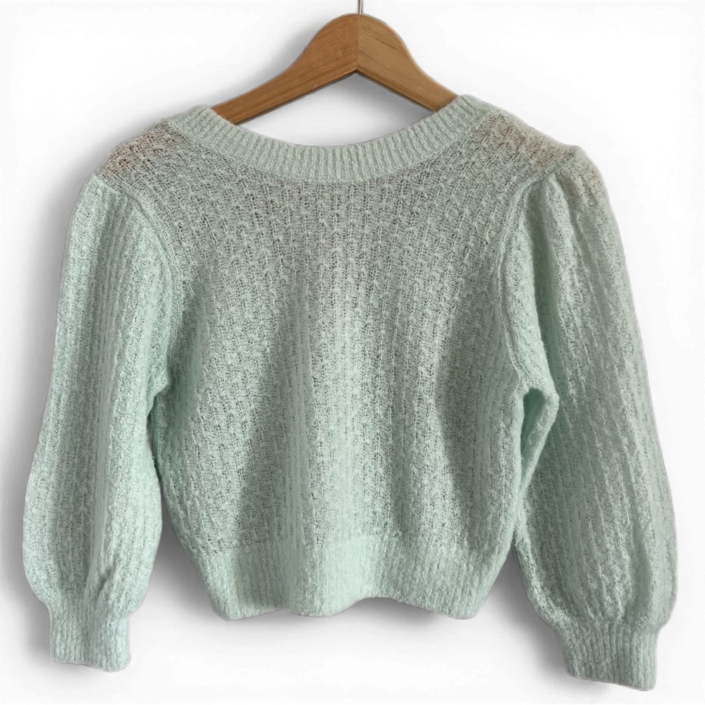 Babaton Aritzia Mint Green Merino Wool Puff Sleeve Sweater XS V-Back Cropped